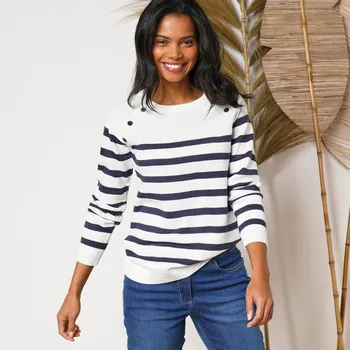 Dámský svetr Pruhovaný pulovr s ozdobnými knoflíky režná/nám.modrá 42/44