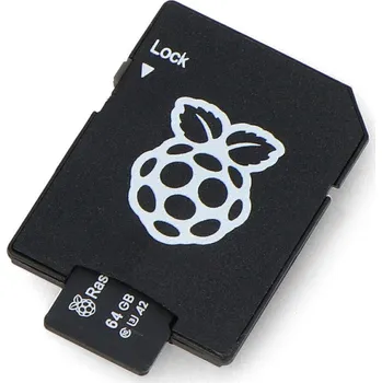 Paměťová karta Paměťová karta Raspberry microSD 64GB 100MB/s třída A2 s OS Raspberry Pi - včetně adaptéru a pouzdra