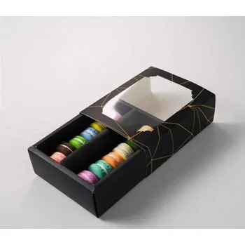 Dárková krabička Krabička na makronky černá se zlatými čárami 15,5 x 12,5 x 5,2 cm (na 10 kusů)