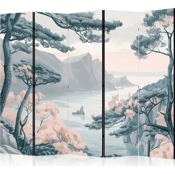 Paraván Paraván - Hornaté pobřeží se stromy a skalami - ve světle pastelovém blues Velikost: 225x172 cm, Provedení: Jednostranný