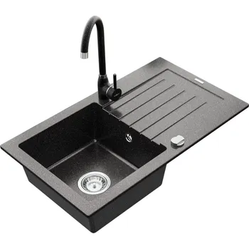 Granitový dřez MEXEN/S - Pablo granitový dřez 1 s odkapávačem včetně baterie Telma, černá kropenatý 6510-76-670200-76