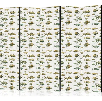 Paraván Paraván - Neobvyklé druhy ryb - Shluk ryb v tlumených barvách v retro stylu na pozadí béžových pruhů Velikost: 225x172 cm, Provedení: Jednostranný