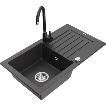 Granitový dřez MEXEN/S - Pablo granitový dřez s odkapávačem včetně baterie Telma, černá kropenatá 6510-76-670200-70