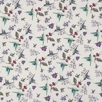 Bavlna bílá, kolibříci s květy, š.150