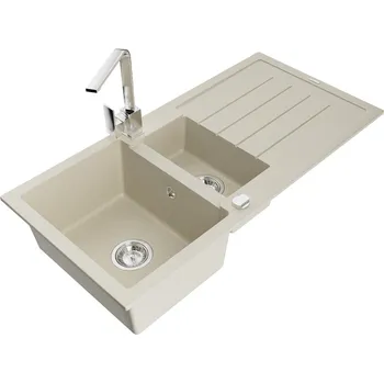 Granitový dřez MEXEN/S - Andres granitový dřez s odkapávačem včetně baterie Rita, béžová 6515-69-670300-00