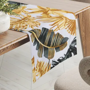 ubrus Bavlněný běhoun na stůl Sandra SA-388 Šedozelené a zlaté tropické listy na bílém 35x120 cm