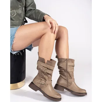 Dámské kozačky Khaki hnědé kozačky s přezkami