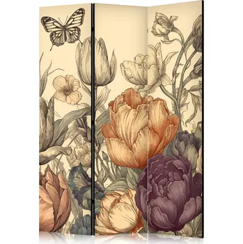 Paraván Paraván - tulipány v krému - ilustrace květin a motýlů na světlém pozadí Velikost: 135x172 cm, Provedení: Jednostranný