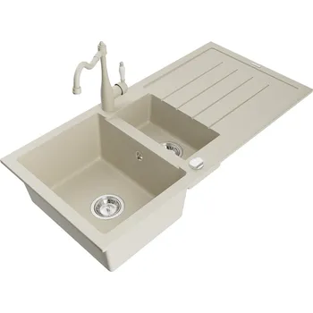 Granitový dřez MEXEN/S - Andres granitový dřez s odkapávačem včetně baterie Carla, béžová 6515-69-670700-69