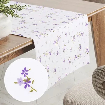 ubrus Bavlněný běhoun na stůl Sandra SA-296 Drobné fialové kvítí na bílém 35x120 cm