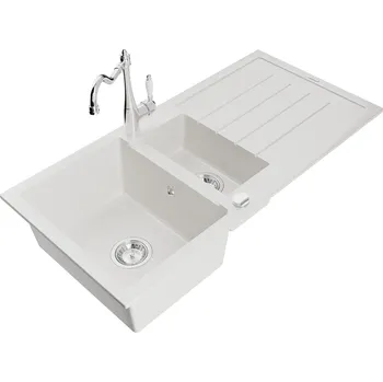 Granitový dřez MEXEN/S - Andres granitový dřez s odkapávačem včetně baterie Carla, bílá 6515-20-670700-00