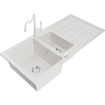 Granitový dřez MEXEN/S - Andres granitový dřez s odkapávačem včetně baterie Carla, bílá 6515-20-670700-20