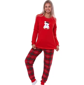 Dámské pyžamo Červené kárované luxusní bavlněné hřejivé dámské pyžamo s Vánočním medvídkem 1TB0013 červená s