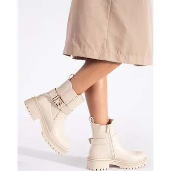 Dámské kozačky Béžové chelsea kozačky s ozdobnou sponou