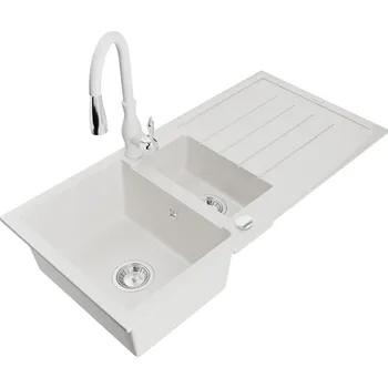 Granitový dřez MEXEN/S - Andres granitový dřez s odkapávačem včetně baterie Savita, bílá 6515-20-672601-20