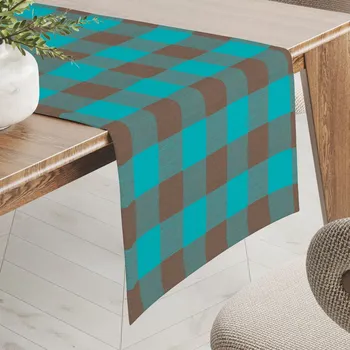 ubrus Bavlněný běhoun na stůl Olivia OL-018 Tyrkysovo-hnědá kostka velká 20x160 cm