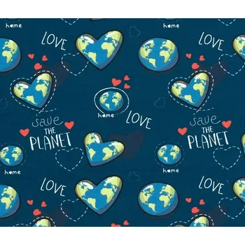 Teplákovina French Terry v modré barvě s potiskem Save the planet a srdíček 21870/007