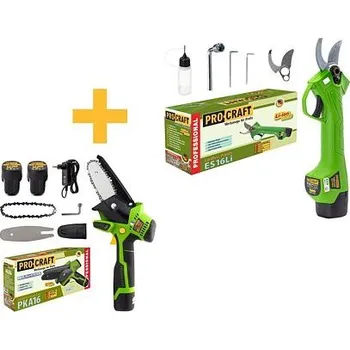 PROCRAFT aku set ES16Li + PKA16, nůžky na větve, řetězová pilka, 16V/2*2Ah
