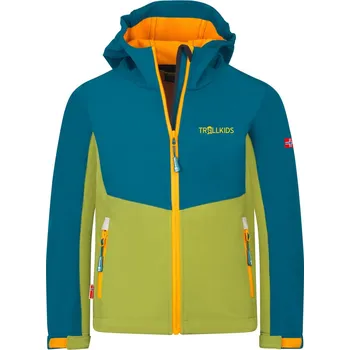 DĚTSKÁ ZATEPLENÁ SOFTSHELLOVÁ BUNDA TROLLKIDS KRISTIANSAND, PEAR GREEN / LAGOON GREEN / SAHARA SUNSET Velikost: 110