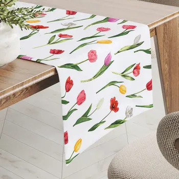ubrus Bavlněný běhoun na stůl Sandra SA-506 Tulipány na bílém 35x120 cm