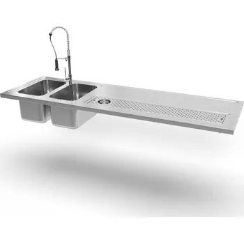 Nerezový dřez Nerezová výčepní deska s odkapní vaničkou s ostřikem a dvěma dřezy Hloubka (mm): 600, Délka (mm): 1700
