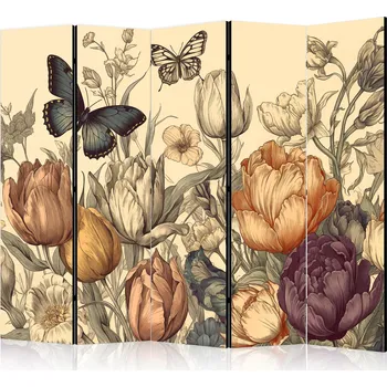 Paraván Paraván - tulipány v krému - ilustrace květin a motýlů na světlém pozadí Velikost: 225x172 cm, Provedení: Jednostranný