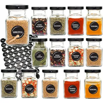 Sklenice Sklenice na koření 150 ml x 14 ks s černým uzávěrem a 90 etiketami