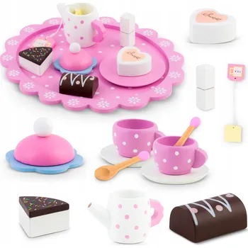 Dřevěná hračka Dřevěná kávová souprava pro děti, sada na kávu a čaj s dortíky, hračky
