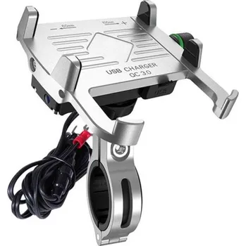 Držák telefonu s objímkou na řídítka s USB zásuvkou "CRAB R10-METAL USB QC" na motorku stříbrný (chopper, cruiser)