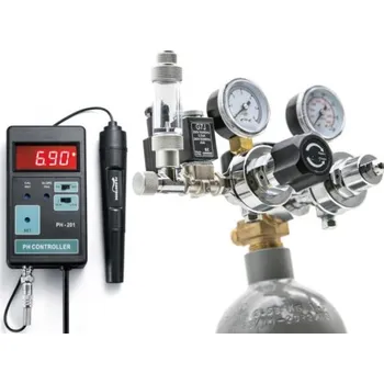 Akvaristika Kompletní dvoustupňový set CO2 s regulátorem, noční vypnutí, 2,1l láhev