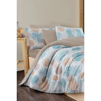 Povlečení Modro-hnědé 4dílné prodloužené povlečení na dvoulůžko s prostěradlem 200x220 cm Magnolia – Mila Home ID_1701206