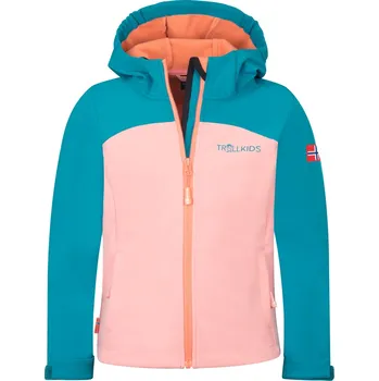 DĚTSKÁ DÍVČÍ ZATEPLENÁ SOFTSHELLOVÁ BUNDA TROLLKIDS KRISTIANSAND XT, HARBOR BLUE / PEONY ROSE / MELLOW PEACH Velikost: 98