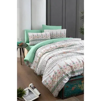 Povlečení Bílo-zelené 4dílné prodloužené povlečení na dvoulůžko s prostěradlem 200x220 cm Ethnic – Mila Home ID_1701212