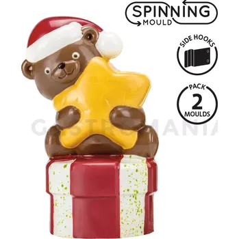 Čokoládová tyčinka 3D forma pro rotační stroj - medvídek na dárkové krabici s hvězdou 4+4 67x54x105 mm | MARTELLATO, 20SR107A