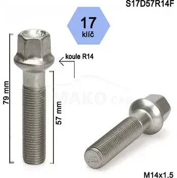 Šroubek na kolo Kolový šroub M14x1,5x57mm, dosedací plocha koule R14, klíč 17, pozink (Šroub na kola)