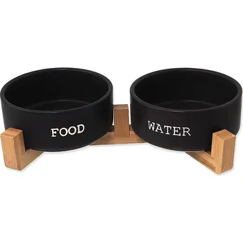Miska pro psa Keramická dvojmiska DOG FANTASY na bambusovém stojanu černá 16x6,5cm (2x850ml)