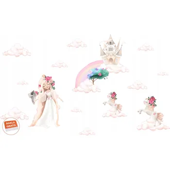 Samolepící dekorace Samolepky samolepka na stěnu dla dzieci - Princezna, zámek, jednorožec a mráčky