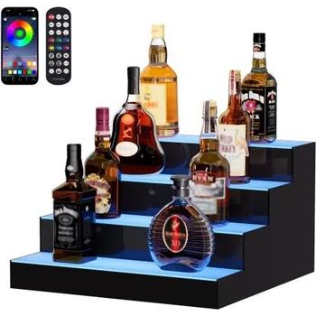 Stojan na víno VEVOR Stojan na lahve s alkoholem s LED osvětlením, 4 úrovně 16palcového komerčního osvětleného barového regálu pro domácnost, 4stupňový stojan na whisky, akrylové police na nápoje s RF dálkovým ovládáním a ovládáním pomocí aplikace a vícebarevné osvětlen
