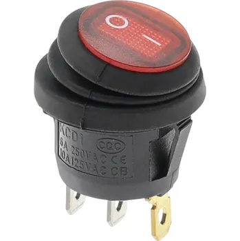 vypínač Kolébkový vypínač kulatý s podsvícením KCD1, ON-OFF, IP65, 250V/6A Červená