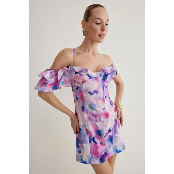 Trendyol Multicolored Bodycon Frilled Floral Patterned Woven Short Elegant Dress Trendyol fialová 3227556