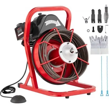 Čistič odpadu VEVOR Čistič odpadů 50 stop x 3/8 palce, ruční podávání šnekového dopravníku, elektrický čistič odpadů 250 W se 4 řeznými noži a vzduchem aktivovaným nožním spínačem pro potrubí o průměru 2" až 4"