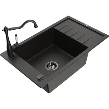 Granitový dřez MEXEN/S - Elias granitový dřez 1-miska včetně baterie Carla, černá/zlatá metalik 6511-75-670700-70-B