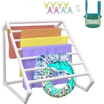 Držák na ručník VEVOR Stojan na ručníky na bazén, 8 tyčí, bílý, volně stojící venkovní PVC trojúhelníkový úložný organizér k bazénu, včetně 8 klipů na ručníky, síťovaného vaku, háčku, také pro uložení plováků a pádel, na pláž, k bazénu