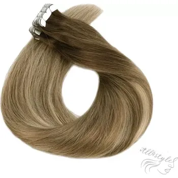 Příčesek Vlasové PU pásky MINI tape in na prodlužování vlasů 40cm ombré balayage 08/14/60 - světle hnědá / tmavá blond / platina
