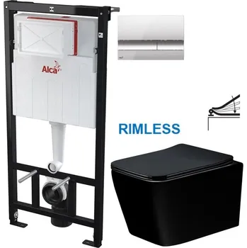 WC sada ALCA Předstěnový instalační systém s chromovým tlačítkem M1721 + WC MEXEN TEO ČERNÁ Rimless + SEDÁTKO AM101/1120 M1721 ME02