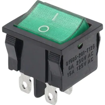 vypínač Kolébkový vypínač obdélníkový s podsvícením KCD2, ON-OFF, 250V/6A Zelená