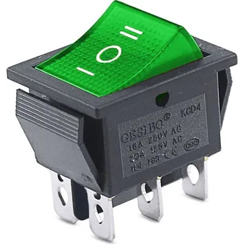 vypínač Kolébkový vypínač obdélníkový s podsvícením KCD4, ON-OFF-ON, 250V/15A Zelená