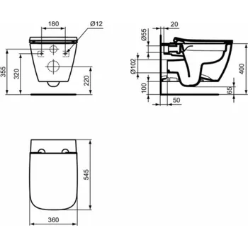 Klozet Ideal Standard i.life B, závěsné WC vč. Sendvičové sedátko s měkkým dovíráním, bílá - rozteč šroubů 180 mm