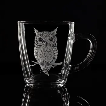 Sklenice Hrníček na čaj 300ml s rytinou - sova - ručně ryté (broušené) dárková krabička
