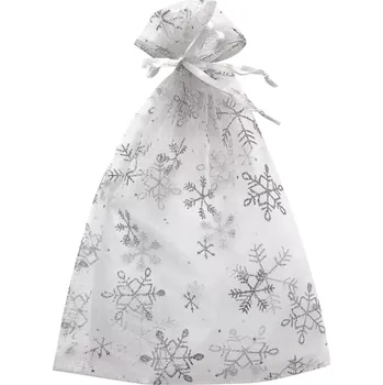 Vánoční dekorace Pytlík organzový bílý s stříbrnými vločkami 26x35 cm 5988